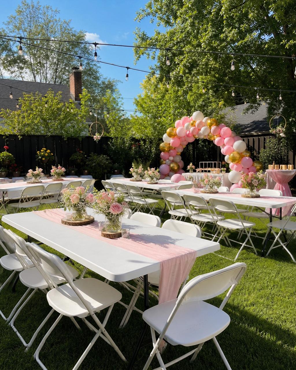 White plastic folding tables and chairs with a colorful balloon arch backdrop