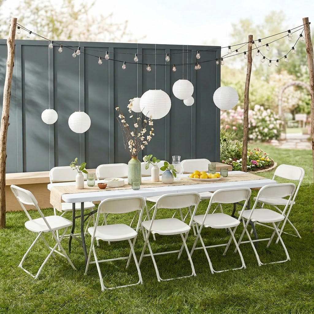 Round event table with crisp white linen