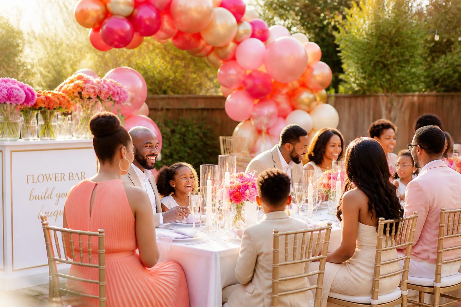 Family celebration with balloon arch, flower bar, and styled tablescape